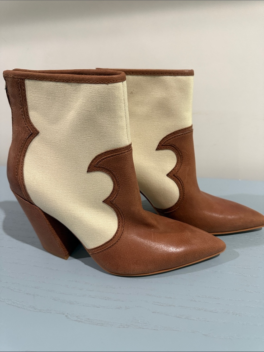 Dolce Vita Cream and Brown Western-Inspired Ankle Booties